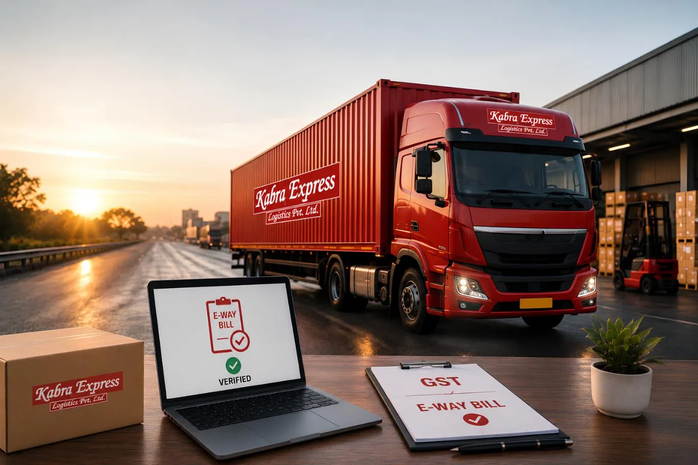 GST and E-Way Bill verification alongside a Kabra Express Logistics truck — less than truckload logistics in India
