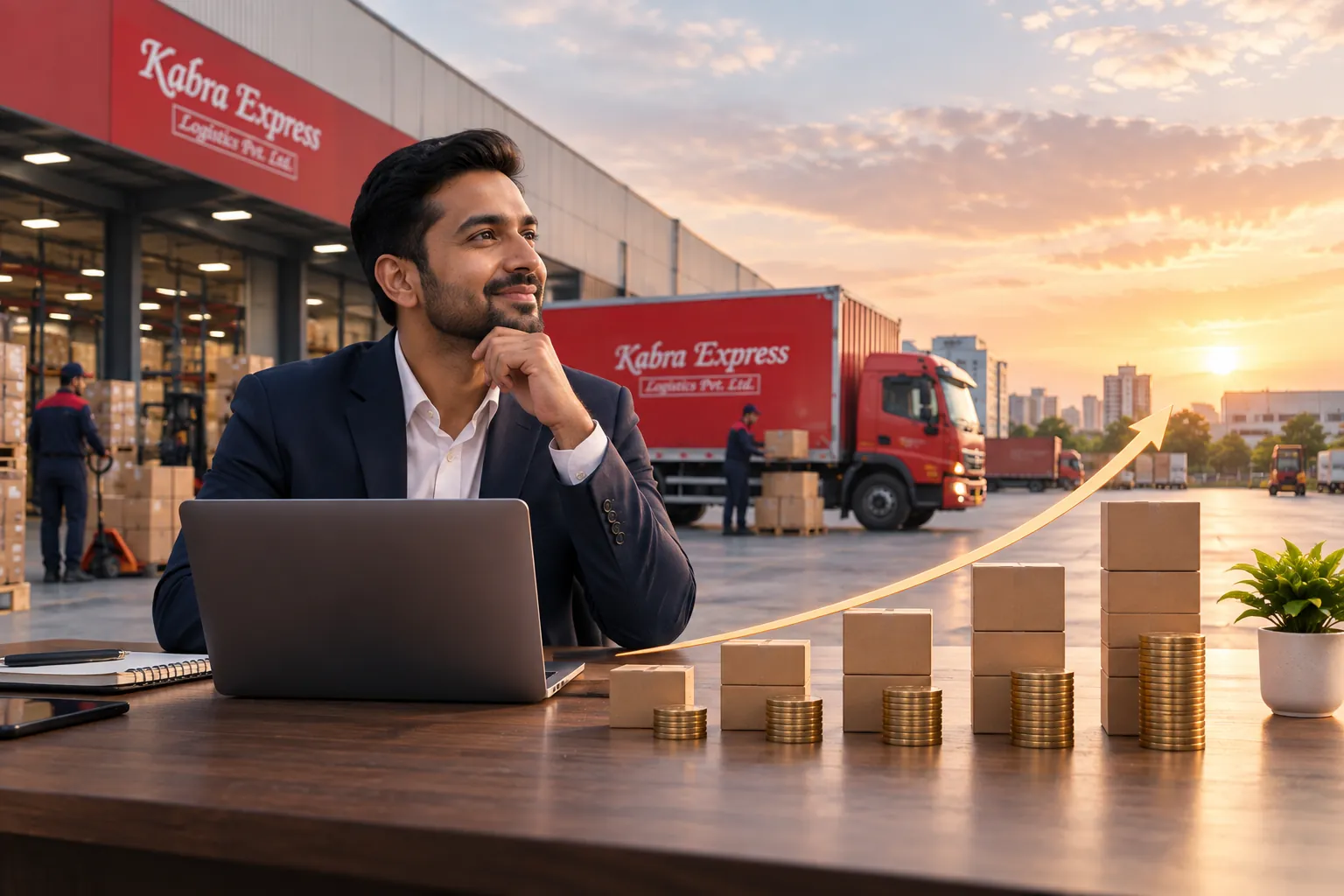A franchise partner smiling at his desk beside rising stacks of parcels and coins, with a Kabra Express Logistics warehouse and truck at sunset