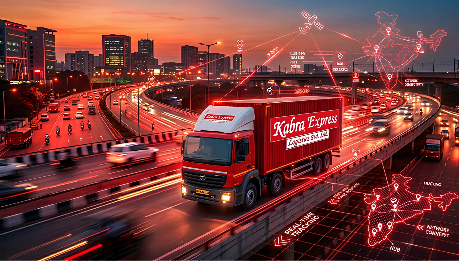 Kabra Express Logistics truck on an Indian highway with real-time tracking overlay